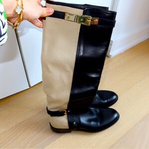**Christian Dior Two-Tone Riding Boots - Black Leather & Beige Canvas**